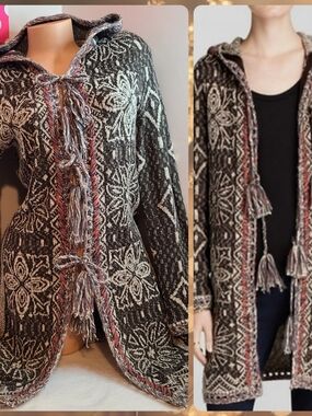 Free People Kai Wool Silk Blend Knit Boho Tassel Hooded Cardigan Size M